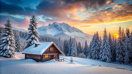 A cozy wooden cabin sits peacefully in a snowy landscape as the sun sets behind majestic mountains and tall trees