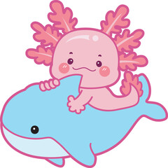 Illustration of cute axolotl activities icon.
Funny pink axolotl in daily routine stickers.