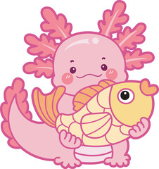 Illustration of cute axolotl activities icon.
Funny pink axolotl in daily routine stickers.