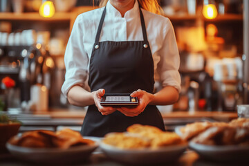 Young caucasian woman in apron working with cash box in coffee shop behind the counter. Female worker, barista, waitress, manager, administrator checking bill order on digital cash register.