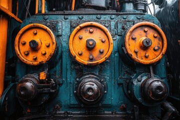 Fototapeta premium Close-up of an Old Rusty Engine with Orange Wheels and Teal Panels