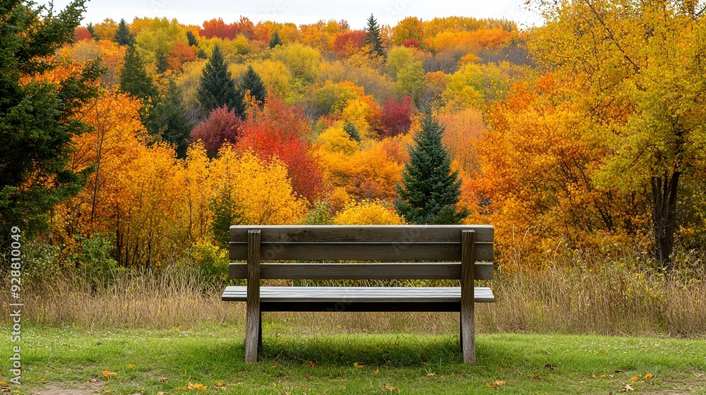 Poster a beautiful autumn landscape with a bench in the foreground and a forest of colorful trees in the ba