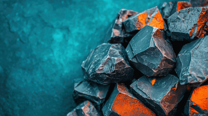 Close-up of rough black rocks with vibrant orange mineral highlights against a turquoise background, showcasing natural geological formations.