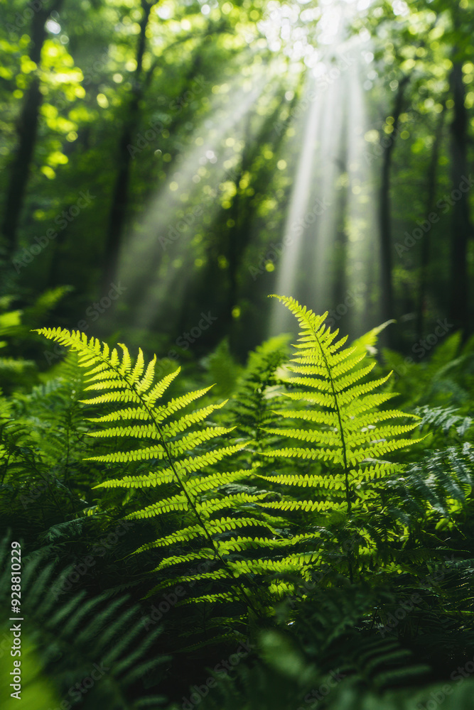 Poster sunlight streams through the dense forest canopy, illuminating vibrant green ferns, creating a seren