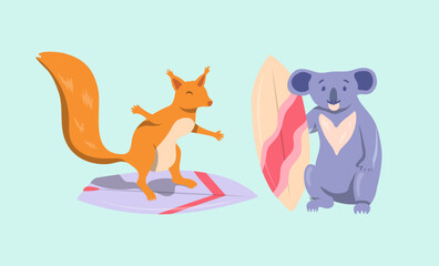 Cartoon Color Characters Animal Koala and Squirrel Surfers Set Summer Vacation Activity Surfboarding Concept Flat Design Style. Vector illustration