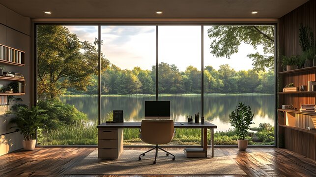 Fototapeta Modern home office with a large window overlooking a lake and forest.