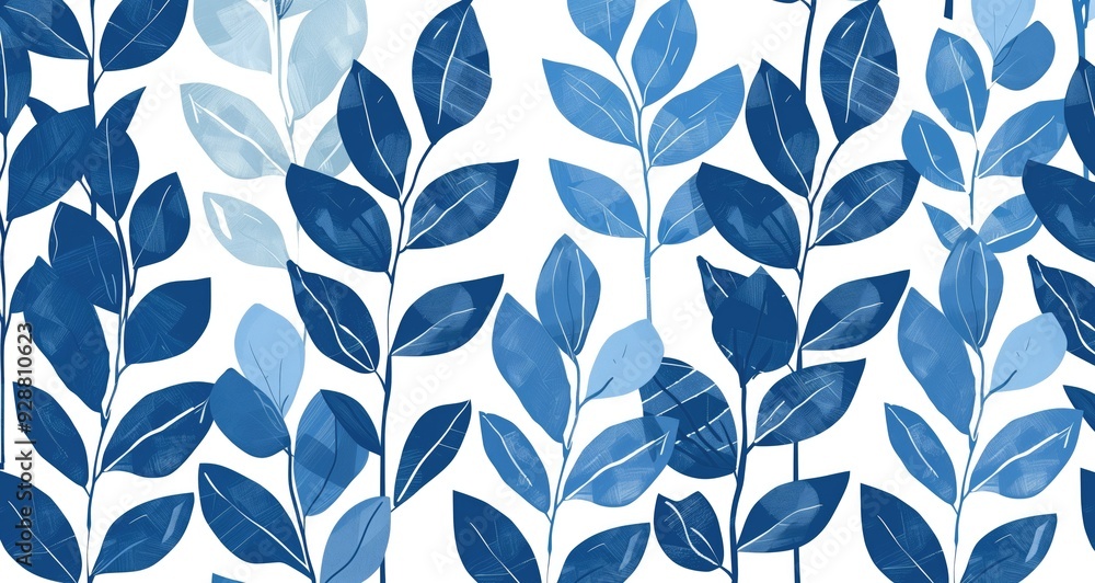 Poster monochromatic blue leaves pattern in varying shades creating an artistic botanical design. concepts 