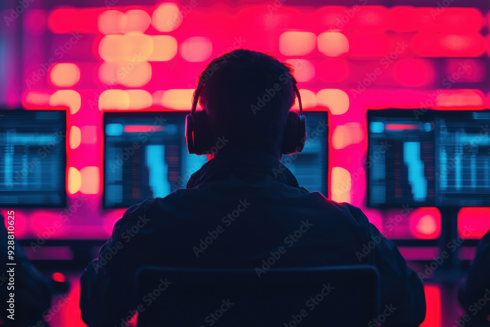 Poster silhouette of person with headphones analyzing data on multiple computer screens in a vibrant neon-l