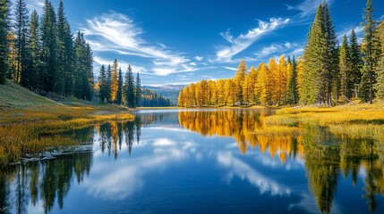 Autumn Reflection on Tranquil Lake in Scenic Forest Landscape