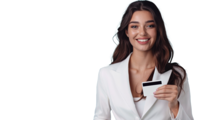 Beautiful young business woman wearing white suit smiling, showing, presenting credit card