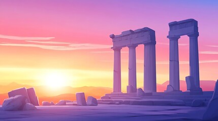 Fototapeta premium Forgotten city ruins, scattered columns and broken statues, sunset glow, Watercolor style