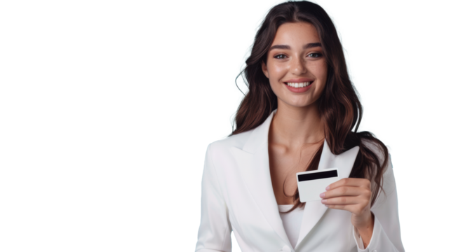 Beautiful young business woman wearing white suit smiling, showing, presenting credit card