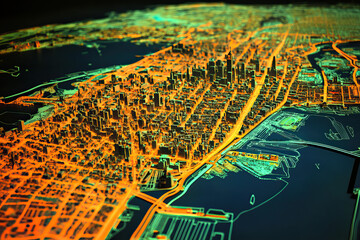 Obraz premium Technical aerial visual, 3D LiDAR GIS aerial map satellite scan model isolated, showing Boston. Elevation, topography, render