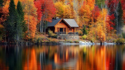 Fototapeta premium A tranquil lakeside cabin nestled amidst a forest of vibrant autumn foliage, with trees ablaze in hues of red, orange, and gold, reflecting in the calm waters of the lake.