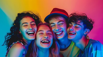 Fototapeta premium Four young adults laughing together in a vibrant studio setting.