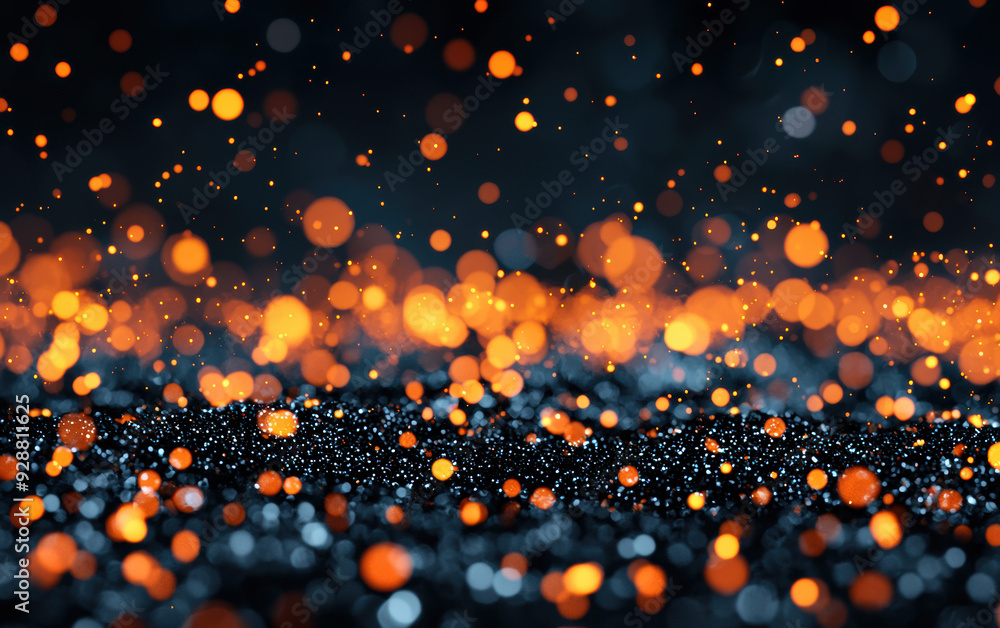 Poster abstract image featuring glowing orange particles against a dark background, creating a dynamic and 