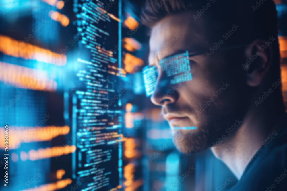 Poster focused programmer analyzing code on futuristic display with glowing data, embodying innovation and 