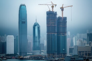 Naklejka premium Skyscrapers and Tower Cranes in Modern Cityscape