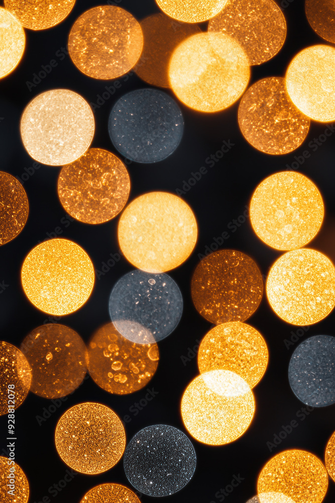 Poster close-up of defocused golden and silver bokeh lights creating a festive and elegant background, perf