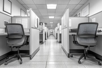 Empty Office Cubicles with Chairs Facing Away