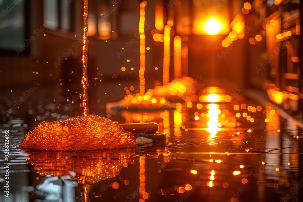 Poster golden liquid splashing and reflecting with bokeh lights