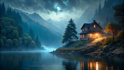 Fototapeta premium A cozy house glows warmly at dusk, reflecting on the peaceful lake, as mist rises amidst towering mountains and lush trees