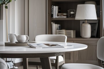 Fototapeta premium Elegant modern dining area with white chairs and wooden table featuring a tea set and book. Concepts of minimalistic home decor, interior design, and peaceful living spaces.