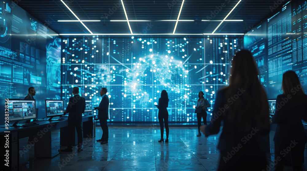 Poster diverse professionals collaborating in a futuristic room with digital world map on large screen. con