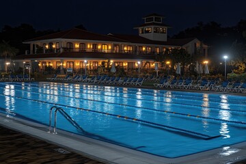Illuminated Swimming Pool and Resort Building at Night