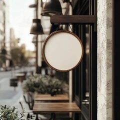  Generative AI, coffee shop street signboard mock up for logo design, brand presentation, aesthetic muted neutral colors, on the wall outdoor