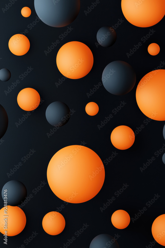 Poster abstract of floating orange and black spheres on dark background creating a modern and dynamic desig