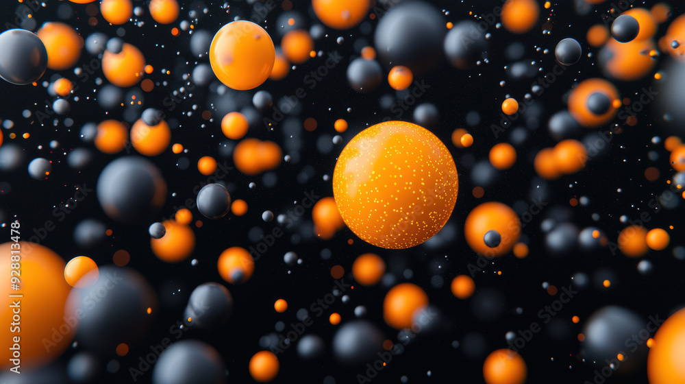 Poster abstract digital background with floating orange and black spheres on a dark backdrop, creating a fu