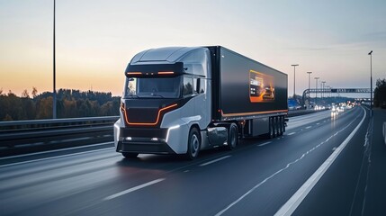 Futuristic truck with LED lighting driving on a highway at dawn, perfect for depicting technology, transportation, logistics, and innovation themes in marketing materials,