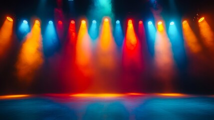Vibrant stage lights in blue, red, and orange illuminate a smoke-filled empty stage, ideal for theater, concerts, performances, or creative presentations,
