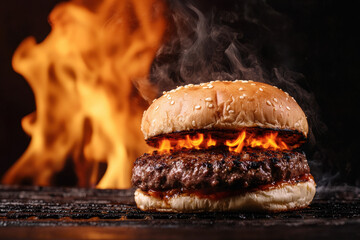Juicy burger with flaming grill background showcasing sizzling beef patty and sesame bun, evoking savory and smoky flavors perfect for food enthusiasts.