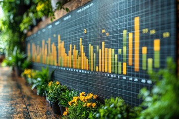 A Bar Chart Displayed On A Black Wall With Plants In Front