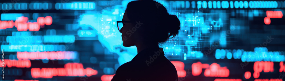 Poster silhouette of a person with glasses in front of a digital world map and data streams, representing t