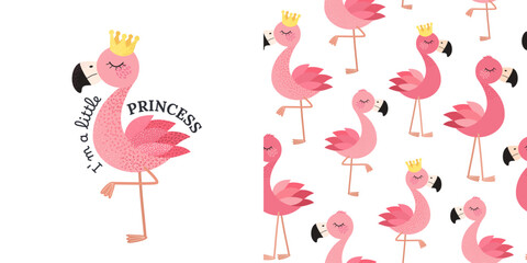 Set of seamless pattern and print with flamingo bird. Childish pattern for childish prints, clothing, packaging, wrapping paper and postcards. Cute birds in flat style for kids. Vector illustration. © Iuliia Savko