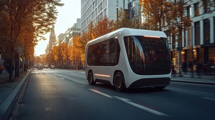 Fototapeta premium An electric autonomous vehicle driving through a tree-lined city street with modern buildings and autumn foliage, perfect for use in articles about urban transportation and future technologies,