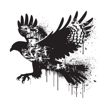 recommend clip art: silhouette of Hawk filled with graffiti street wall in rough drawing