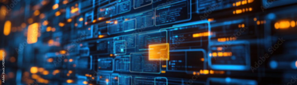 Poster close-up of a digital interface with glowing data blocks, illustrating technology, data storage, and
