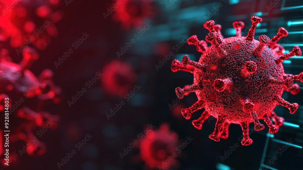 Poster close-up of a red coronavirus particle with spike proteins, floating against a digital background hi