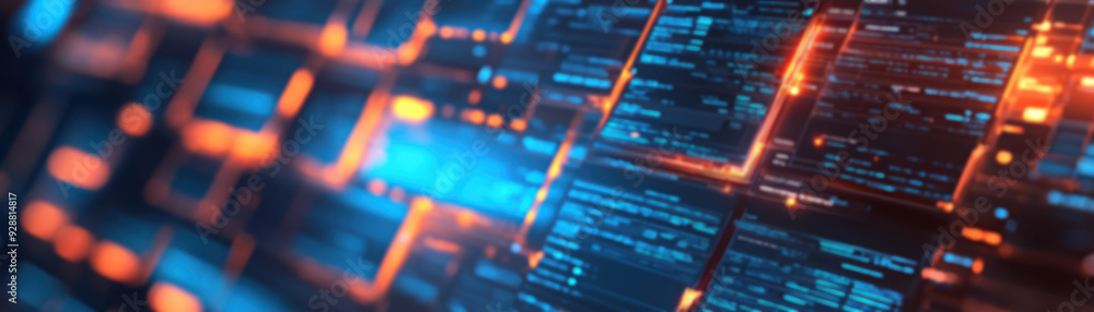 Poster close-up image of code glowing with vibrant colors, representing technology, programming, and futuri