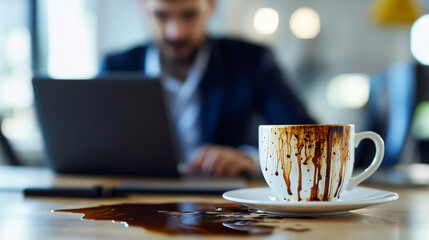 A close-up of a spilled coffee cup on an office desk with a businessman working in the background, symbolizing workplace mishaps and the chaos of a busy workday