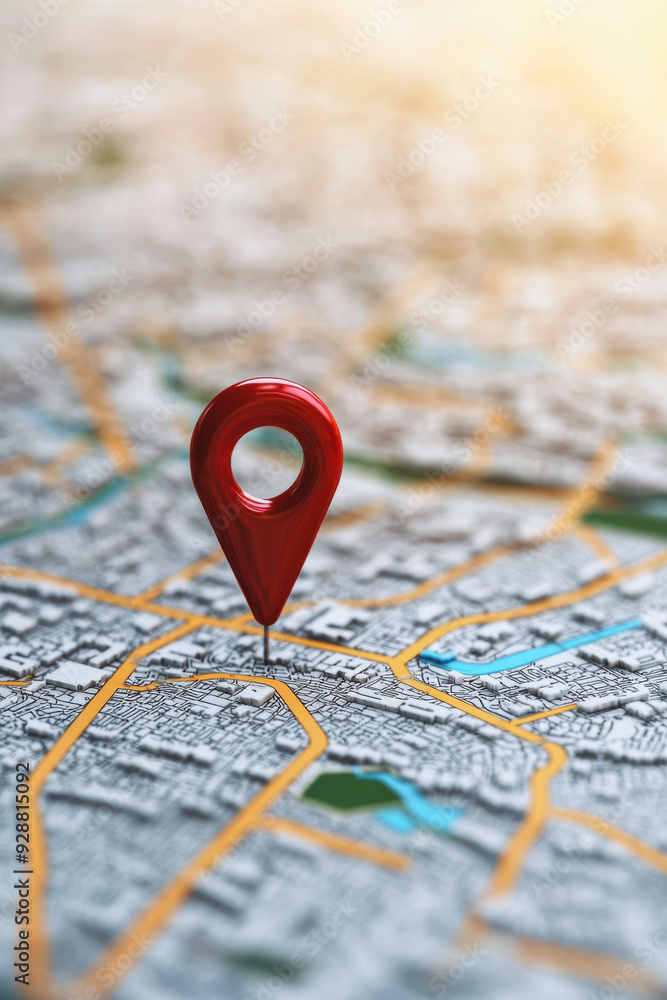 Poster close-up of a red map pin marking a location on a detailed city map with blurred background. ideal f