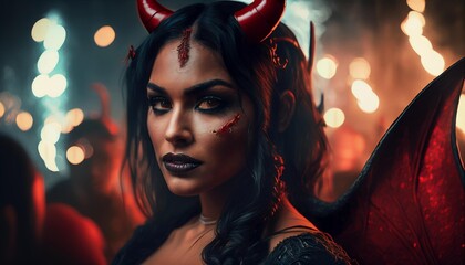 Fototapeta premium Embracing the Dark Side: A Devilish Costume Lights Up the Halloween Celebration