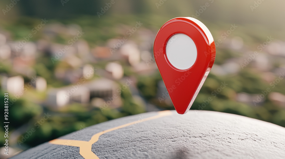 Poster red location marker pin on globe map, highlighting a specific point, representing navigation, global