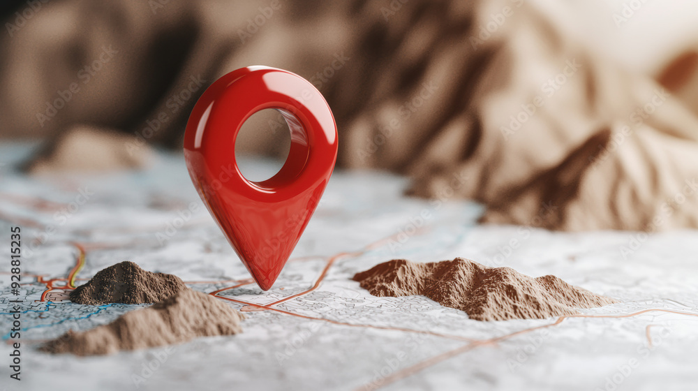 Poster close-up of a red location marker on a detailed map with mountains in the background, emphasizing ge