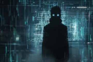 A Silhouette of a Figure with Glowing Eyes Stands Before a Background of Digital Lines