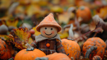 Naklejka premium Pumpkin Farmer Doll in the Middle of Ripe Pumpkins